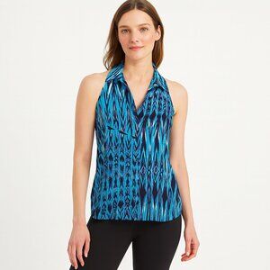 Blue Ikat Print Collared Button-Up Silk Slvless Top RARE Party Indie Summer